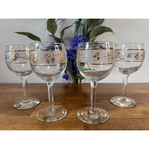 Vintage Libbey Pine Cone Stemmed Wine Glasses Gold Frosted MCM Barware Holiday